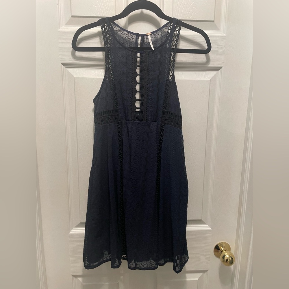Free People Wherever You Go Mini Dress Black and Navy Lace with Pockets - Picture 2 of 6